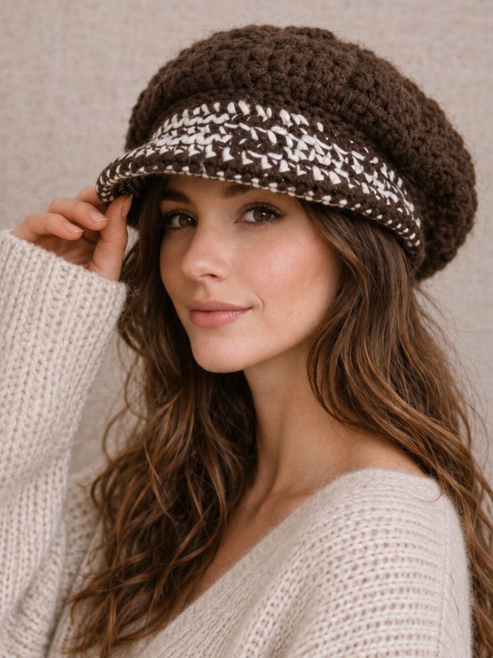 Vintage Hand Knit Newsboy Cap Brown White Chunky Knit Baker Boy Hat